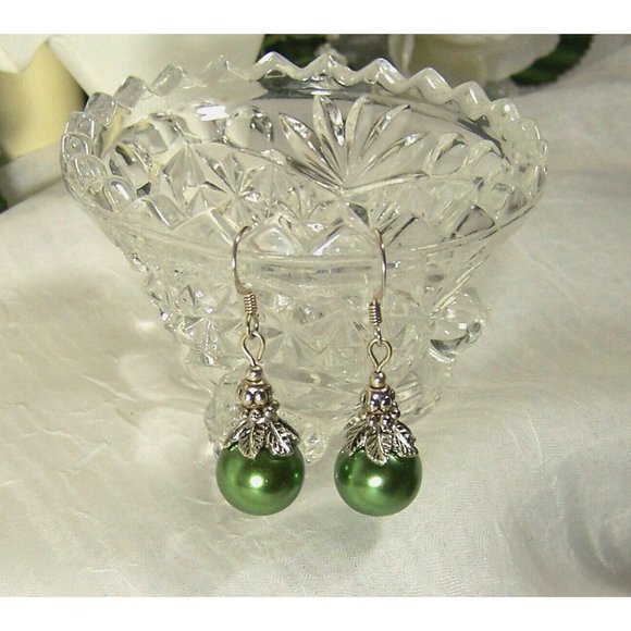 Sterling Silver 12mm Green Glass Pearl Earrings Caps Accent Beads Shepherd Hook - Picture 3 of 4